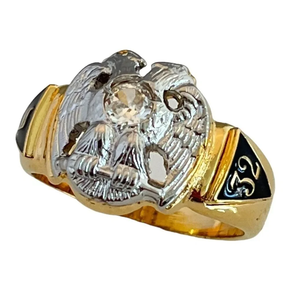 Vintage Masonic Ring Size 7 14K Gold Plate Freemason 32nd degree CZ - 14A